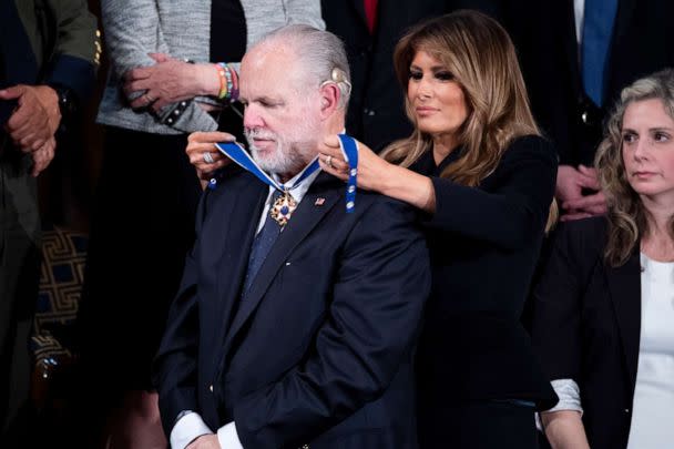 PHOTO: First lady Melania Trump awards Rush Limbaugh the Presidential Medal of Freedom during the State of the Union address in the House Chamber, Feb. 4, 2020. (Tom Williams/Getty Images, FILE)