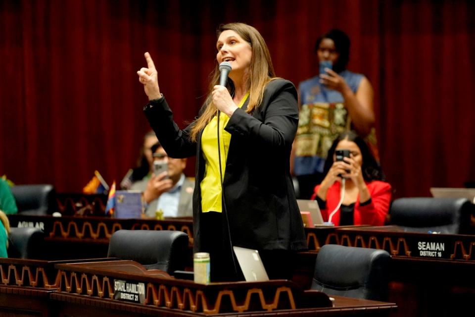 Arizona State Rep Stephanie Stahl Hamliton speaks on floor at the Capitol (AP)