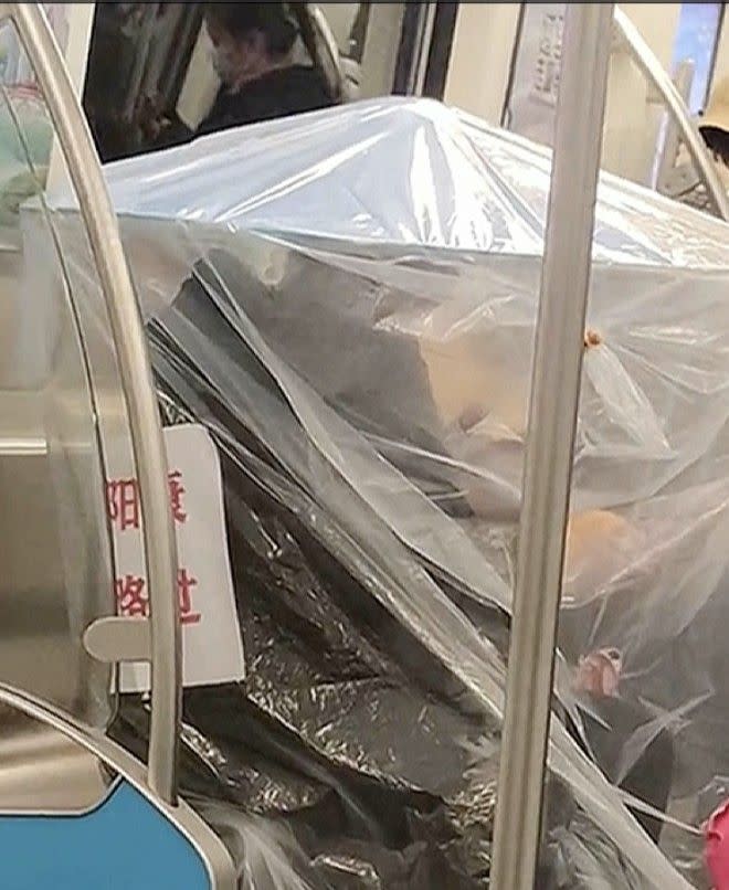 ▲男子自己製作塑膠帳篷套住全身，希望自己不要二次感染新冠肺炎。（圖/AP/Newsflare）
