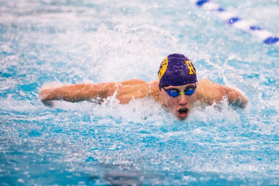 Rhinebeck's Finn Quested competes in the second heat of the boys 200-yard IM race during the Section 9 boys swimming championships in Montgomery on Saturday, February 18, 2023.
