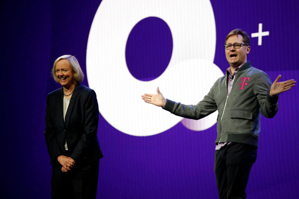 Mike Sievert, President and COO at T-Mobile, and Quibi CEO Meg Whitman talk about the partnership between Quibi and T-Mobile during a Quibi keynote address at the 2020 CES in Las Vegas, Nevada, U.S., January 8, 2020. REUTERS/Steve Marcus