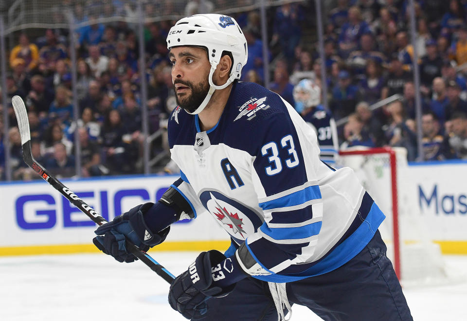 ST. LOUIS, MO - APRIL 16: Winnipeg Jets defenseman Dustin Byfuglien (33) during a first round Stanley Cup Playoffs game between the Winnipeg Jets and the St. Louis Blues, on April 16, 2019, at Enterprise Center, St. Louis, Mo. (Photo by Keith Gillett/Icon Sportswire via Getty Images)