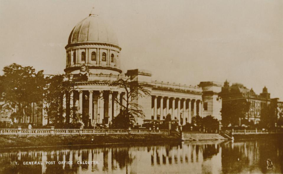 'General Post Office - Calcutta'. The General Post Office building in Calcutta (now Kolkata), India, was designed in 1864 by Walter B. Grenville and completed in 1868. Postcard.