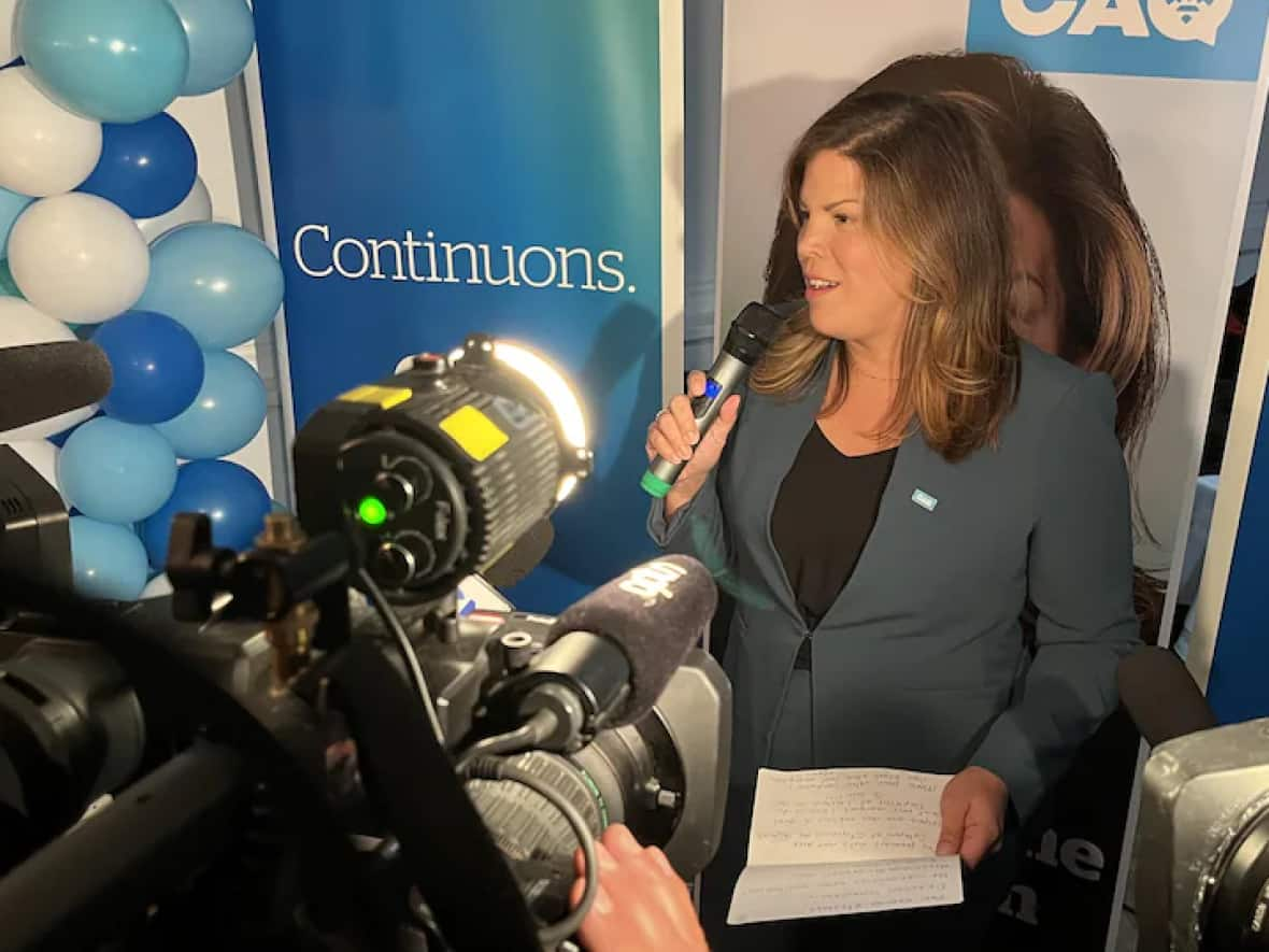 Kateri Champagne Jourdain, the first elected Innu MNA, speaks to reporters following her victory in the Quebec North Shore riding of Duplessis Monday night. (Marc-Antoine Mageau/Radio-Canada - image credit)