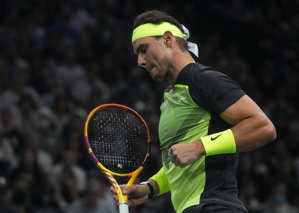 Rafael Nadal of Spain of Spain reacts after making a point against Tommy Paul of the United States during their second round match of the Paris Masters tennis tournament at the Accor Arena, Wednesday, Nov. 2, 2022 in Paris. (AP Photo/Michel Euler)