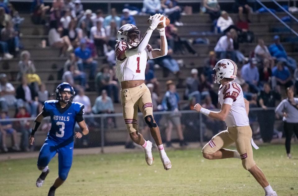 Maliki  Haynes (1) leaps to intercept the pass in the end zone during the Northview vs Jay football game at Jay High School in Jay on Friday, Oct. 14, 2022.