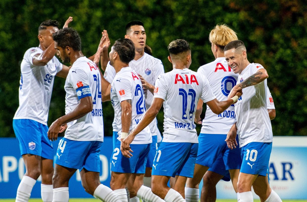 The Lion City Sailors players celebrate scoring against Tanjong Pagar in their Singapore Premier League match. (PHOTO: SPL)