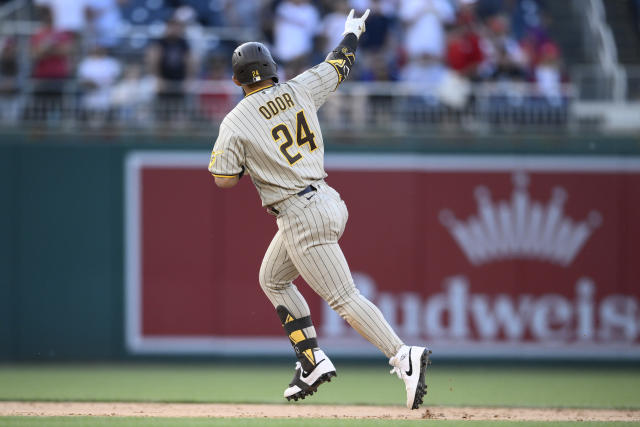San Diego Padres' Rougned Odor runs the bases on a three-run home run during the ninth inning of the team's baseball game against the Washington Nationals, Thursday, May 25, 2023, in Washington. The Padres won 8-6. (AP Photo/Nick Wass)