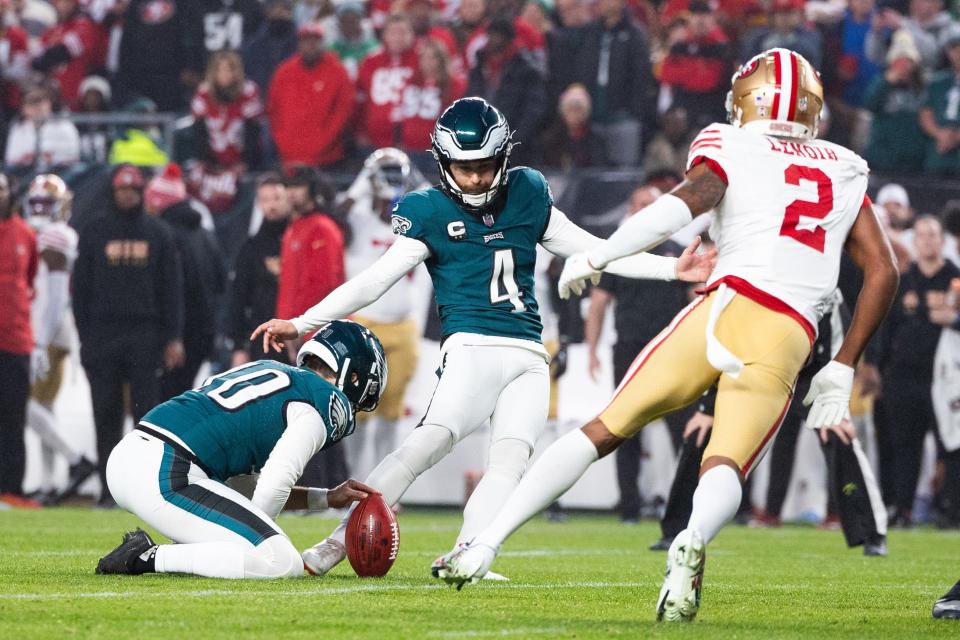 Dec 3, 2023; Philadelphia, Pennsylvania, USA; Philadelphia Eagles place kicker Jake Elliott (4) kicks a field goal against the San Francisco 49ers during the first quarter at Lincoln Financial Field. Mandatory Credit: Bill Streicher-USA TODAY Sports