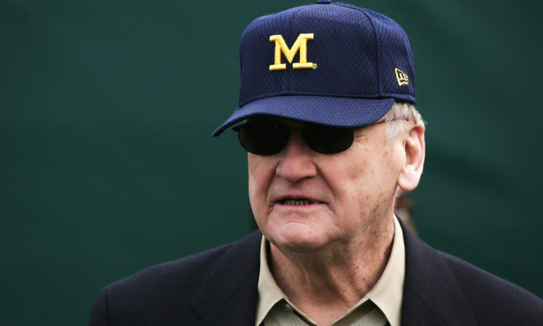 Bo Schembechler wearing a Michigan hat.