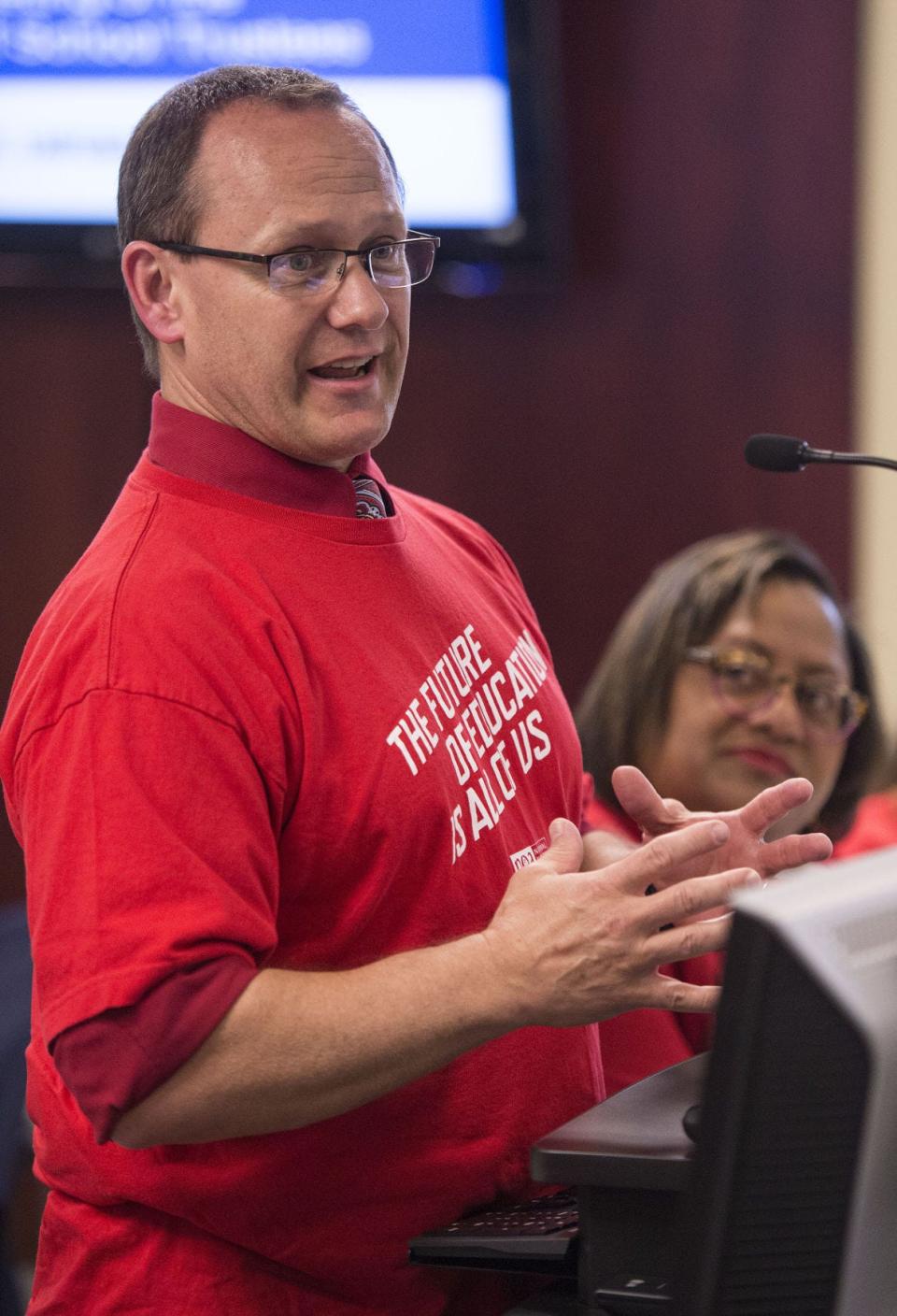 Paul Farmer, president of Monroe County Education Association, addresses the Monroe County Community School Corp. board on the issue of teacher pay increases in this file photo.