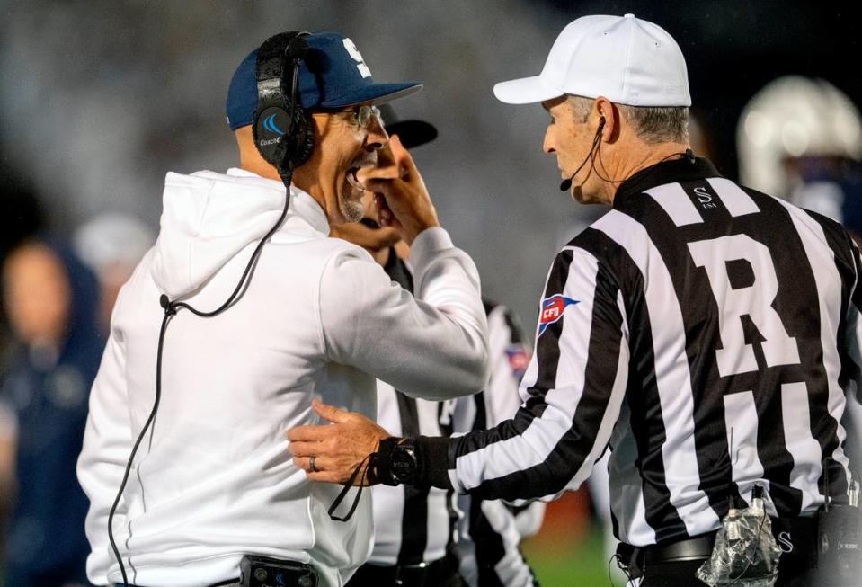 Penn State football coach James Franklin yells at the referee about the punter being hit during the game against Iowa on Saturday, Sept. 23, 2023.