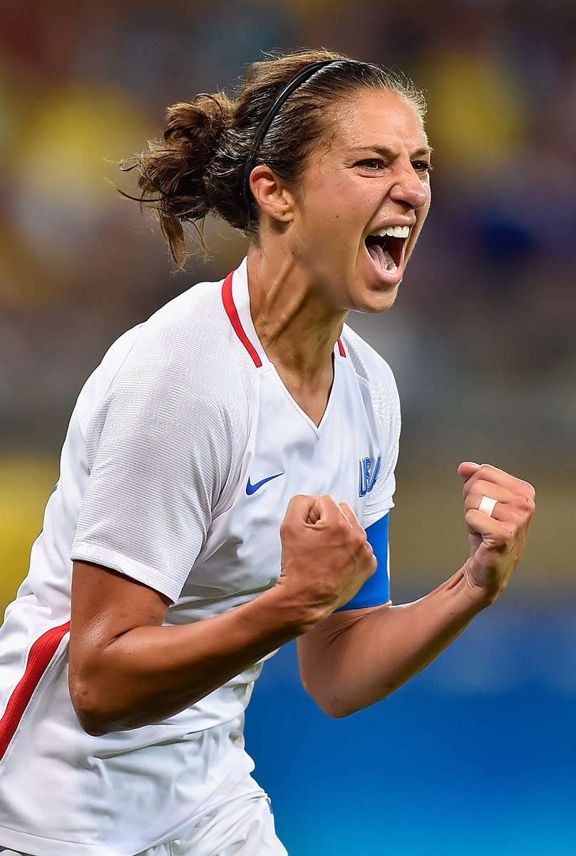 <p>Carli Lloyd of United States celebrates after scoring during the Women’s Group G first round match between United States and France during Day 1 of the Rio 2016 Olympic Games at Mineirao Stadium on August 6, 2016 in Belo Horizonte, Brazil. (Photo by Pedro Vilela/Getty Images) </p>