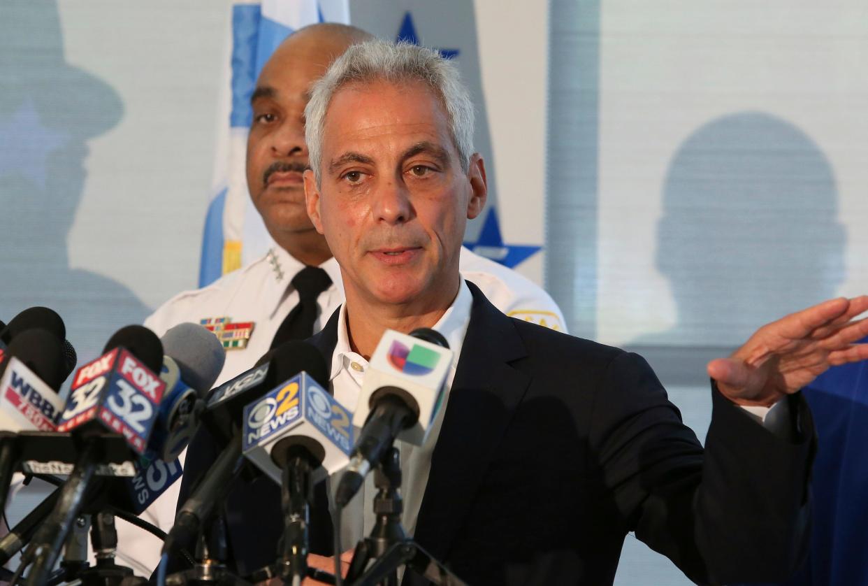 Chicago Mayor Rahm Emanuel speaks at a news conference accompanied by Police Superintendent Eddie Johnson, Monday, Aug. 6, 2018, in Chicago.