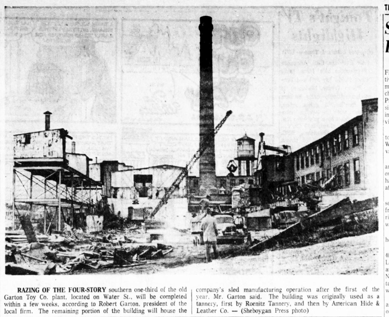 The razing of the riverfront Roenitz Tannery in 1962 which would pave way for the Garton Toy Company.