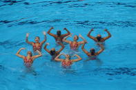 <p>Team Singapore performs during the synchronised swimming team free event on 20 Aug. Singapore won gold in the event, Malaysia took the silver and Indonesia bronze. Photo: Hannah Teoh/Yahoo News Singapore </p>