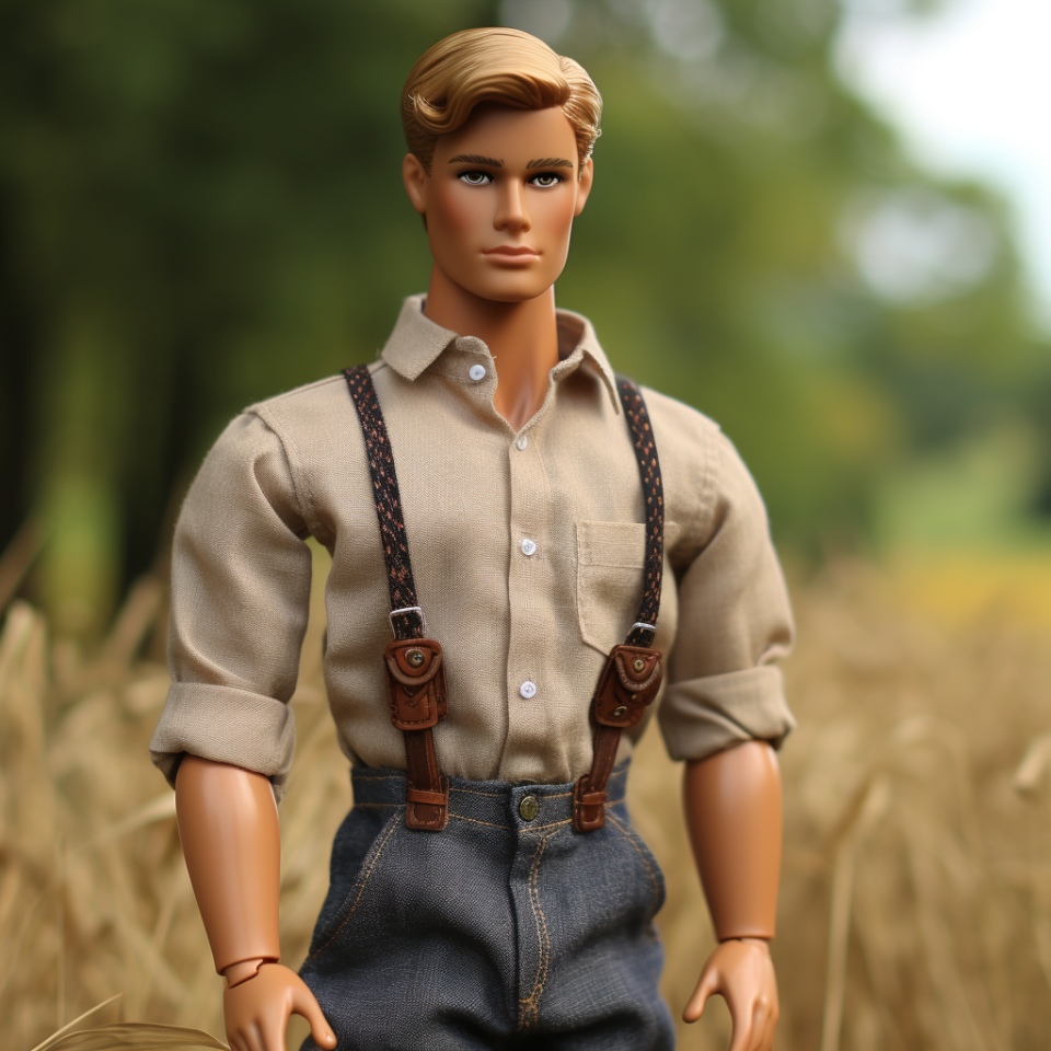 Blonde Ken wearing a shirt with rolled-up sleeves, suspenders, and jeans