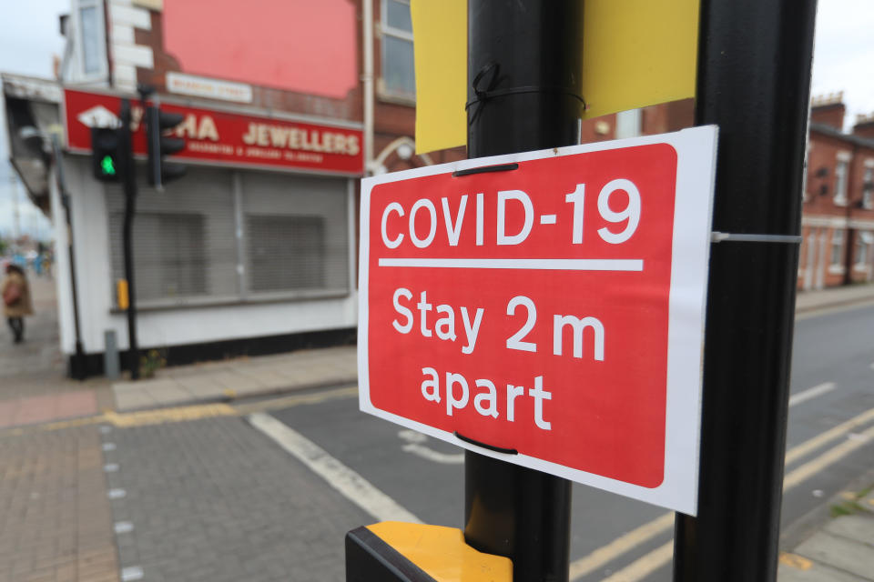 Social distancing signs in Leicester, which remains in local lockdown, despite coronavirus lockdown restrictions being eased across the rest of England. (Photo by Mike Egerton/PA Images via Getty Images)