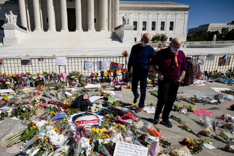 A makeshift memorial for Ruth Bader Ginsburg, in front of the US supreme court in Washington.