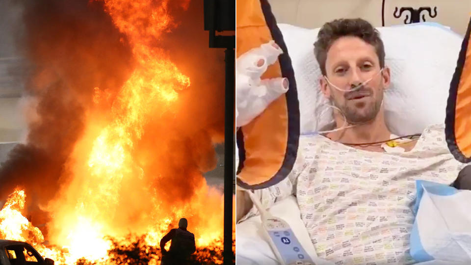 Romain Grosjean can be seen here in hospital after his shocking crash in Bahrain.