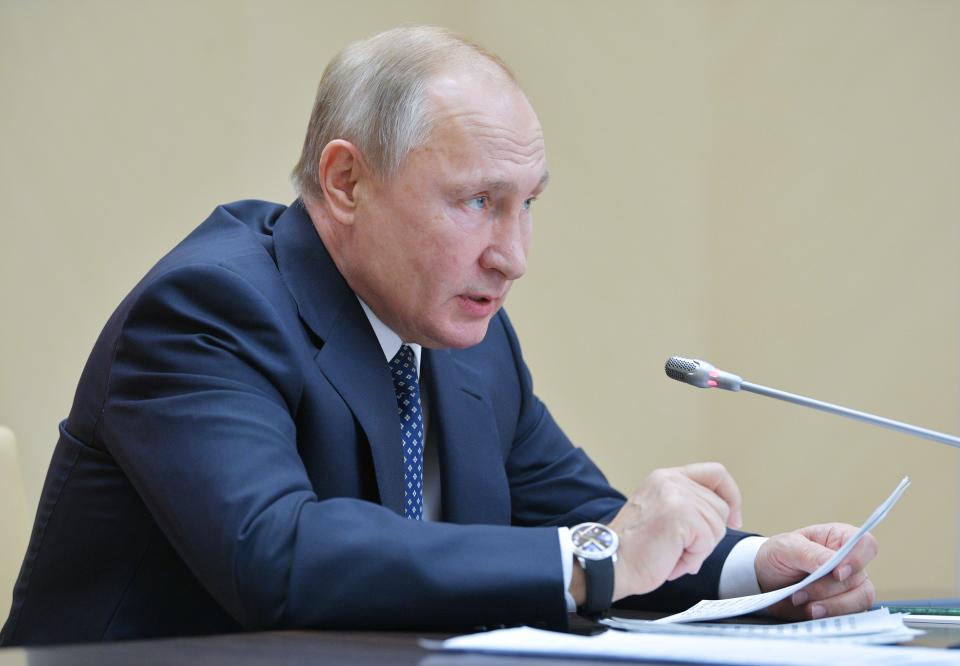 Russian President Vladimir Putin chairs a Security Council meeting at the Novo-Ogaryovo residence outside Moscow, Russia, Friday, Nov. 22, 2019. (Alexei Druzhinin, Sputnik, Kremlin Pool Photo via AP)