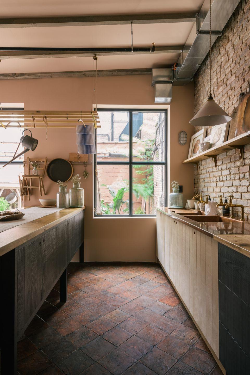 a kitchen with a large window