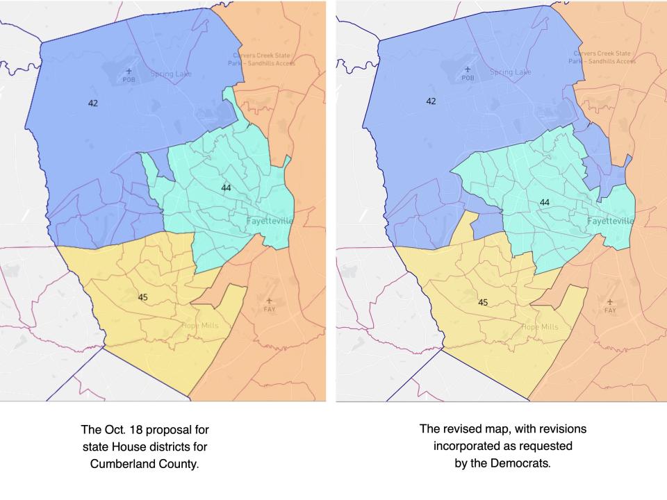 These maps show how state House Districts 42, 44 and 45 were altered in Cumberland County to accommodate a request by state Rep. Marvin Lucas of Spring Lake to add an eastern Fayetteville voting precinct to his district.