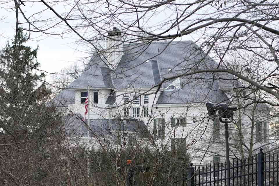 FILE - A view of the security around the Vice President's residence at the Naval Observatory in Washington, Jan. 17, 2021. Local organizers in Washington say three buses of recent migrant families arrived from Texas near the home of Vice President Kamala Harris in record-setting cold on Christmas Eve. Texas authorities have not confirmed their involvement. (AP Photo/Susan Walsh, File)