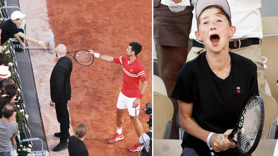 Novak Djokovic, pictured here gifting his racquet to a young fan after the French Open final.