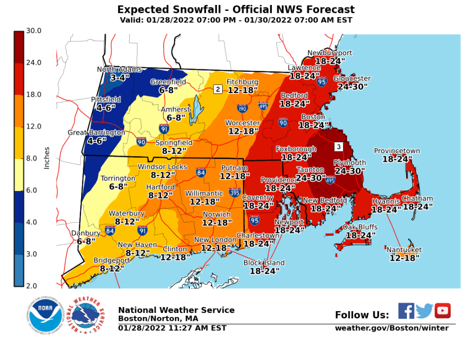 The predicted snowfall totals, as of Friday afternoon, for the snowstorm coming to Massachusetts on Friday, Jan. 28 and 29, 2022.