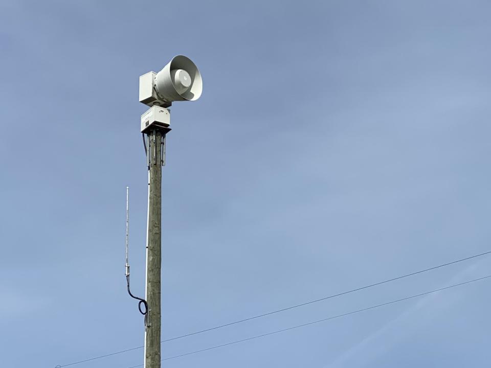 The tornado warning siren at Brookside Cemetery along Brown Street in Tecumseh, Mich., is pictured Tuesday, March 19, 2024.