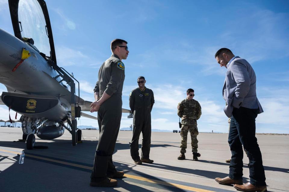 New Mexico Rep. Gabe Vasquez at Holloman Air Force Base in Otero County, New Mexico. Vasquez's visit followed the announcement of a permanent presence of the F-16 training unit at the base.