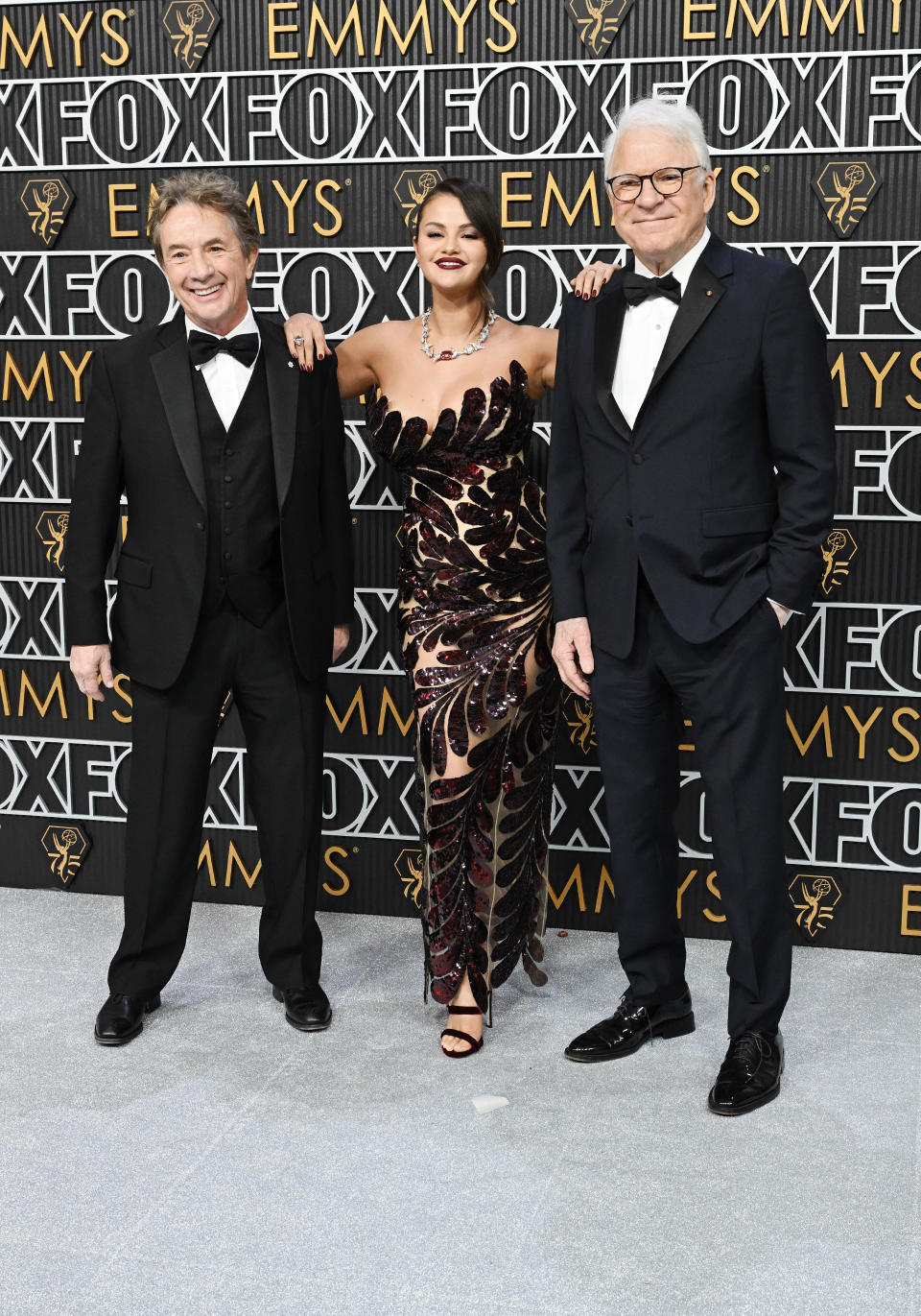 Martin Short,Selena Gomez and Steve Martin at the 75th Primetime Emmy Awards held at the Peacock Theater on January 15, 2024 in Los Angeles, California.