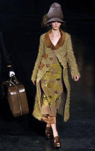 A model displays a creation by designer Marc Jacobs for the Louis