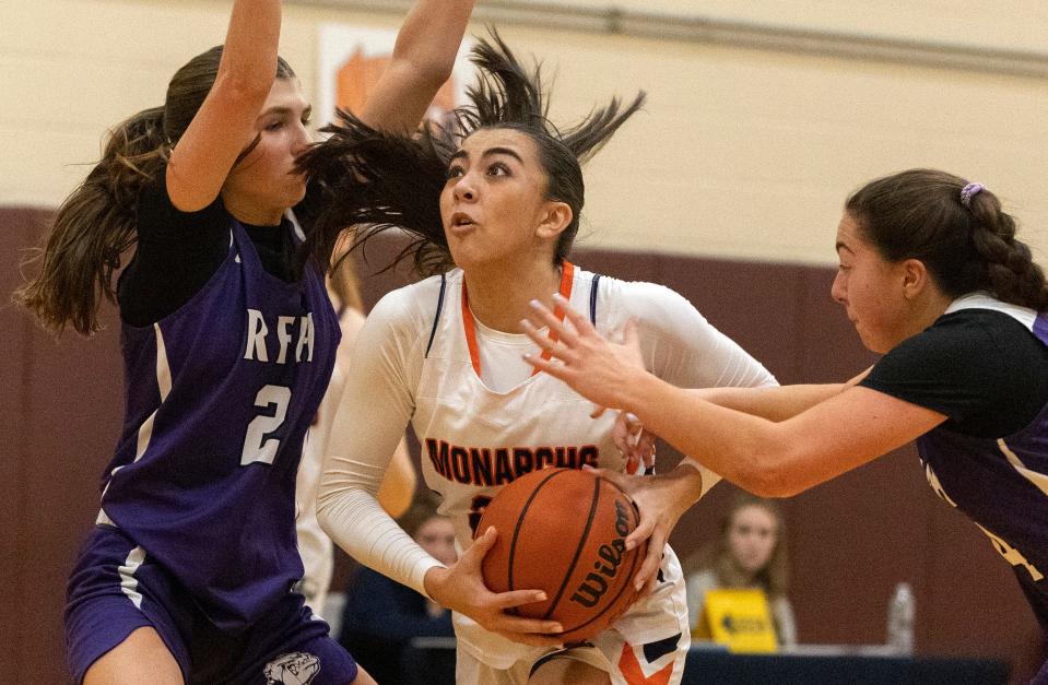 Trinity Hall Nina Emnace drives to the basket. Trinity Hall Girls Basketball edges out Rumson-Fair Haven in Ocean Township on January 30, 2023.