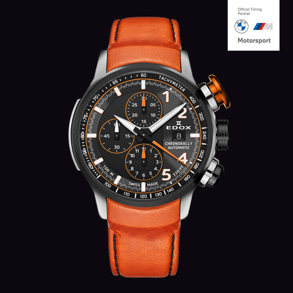 ▲EDOX 全球限量 BMW M MOTORSPORT 官方計時賽車腕錶 E01129.TGNOCO.GNO，黑與橘的配色沉穩亮眼。（圖片來源：Yahoo購物中心）
