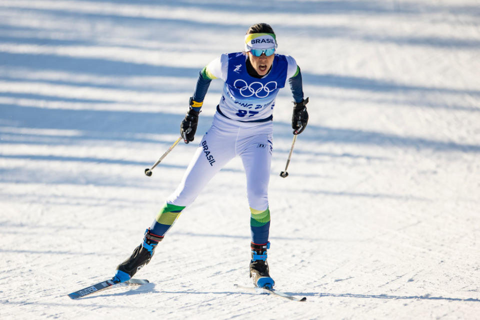 Mourão pushes her skis through the packed-down snow