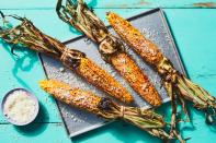 All it takes is three ingredients to make this Mexican street corn favorite. We like to grill the ears whole, but you can also cut the kernels off the cob—mix them with Cotija cheese and mayonnaise to make a Mexican street corn salad. <a href="https://www.epicurious.com/recipes/food/views/3-ingredient-grilled-mexican-street-corn-elote?mbid=synd_yahoo_rss" rel="nofollow noopener" target="_blank" data-ylk="slk:See recipe.;elm:context_link;itc:0" class="link ">See recipe.</a>