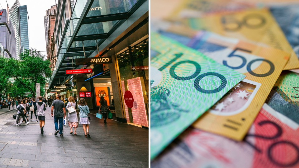 People walking on the mall shopping and Australian money. Ways to save money concept.