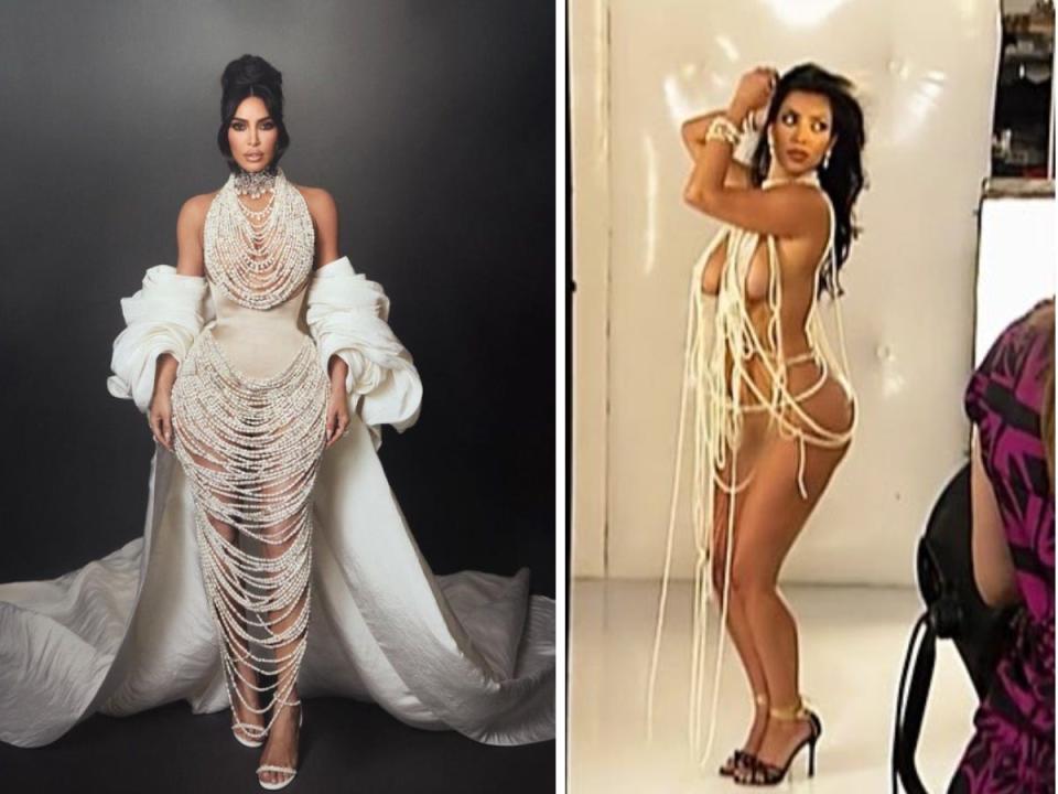 composite image of Kim's Met Gala 2023 look and a screenshot shared on twitter by @TabloidArtHist from the episode the outfit refers to, showing Kardashian covered only by strands of pearls for a "Playboy" shoot in 2007.