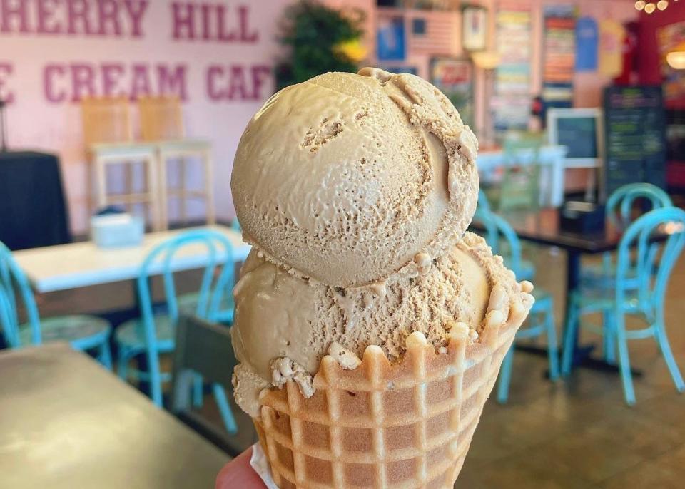 Salted Caramel ice cream cone from Cherry Hill Ice Cream Cafe.