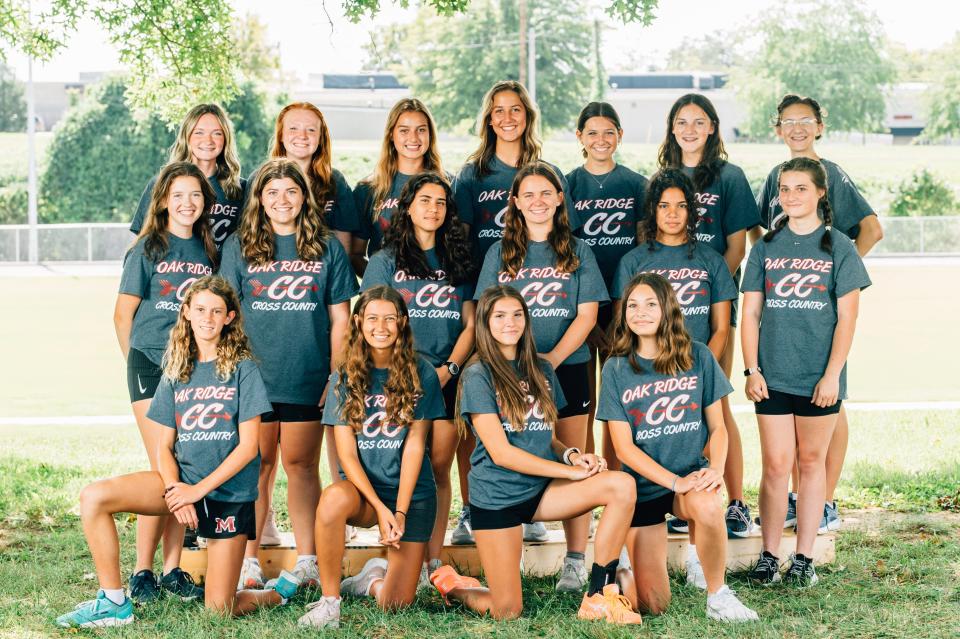 The Oak Ridge High School girls cross country team. Front row, from left, Dylan Job, Ellie Nash, Ella Sharp, and Elly Hartman; middle row, Odelia Kneiser, Sophia Hughes, Thora Spence, Chloe Kirk, Karen Molina, and Molly Sheffield; back row, 
Peyton Heintze, Ella Bradford, Olivia Land, Kate Laffoon, Lily Hartman, Lily Moran, and Emily Edwards.