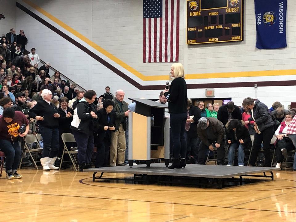 Elizabeth Smart address a town hall at Barron High School. Abducted as a teen, Smart spoke about 13-year-old Jayme Closs, who was kidnapped in October and her parents were murdered. Closs escaped in January. Smart said it's important to give Jayme "space to relcaim her life."