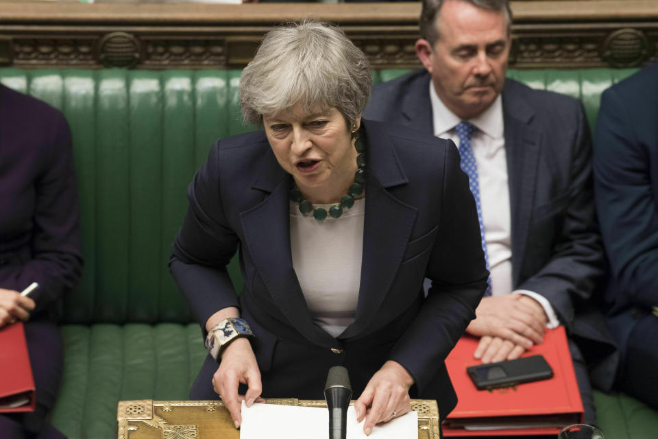 Britain's Prime Minister Theresa May speaks to lawmakers in the House of Commons, London, Wednesday March 13, 2019. In a tentative first step toward ending months of political deadlock, British lawmakers voted Wednesday to block the country from leaving the European Union without a divorce agreement, triggering an attempt to delay that departure, currently due to take place on March 29. (Mark Duffy/UK Parliament via AP)