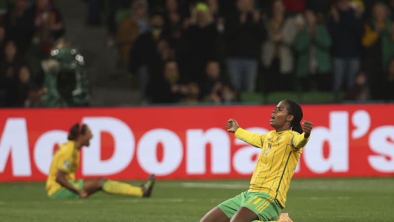 Jamaica’s Khadija Shaw, right, celebrates after the Women’s World Cup Group F soccer match between Jamaica and Brazil in Melbourne, Australia, Wednesday, Aug. 2, 2023.
