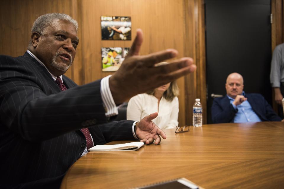 PITTSBURGH, PA - SEPTEMBER 29: DeWitt Walton speaks to the United Steel Workers (USW) roundtable as Jason McCune listens during HuffPost's visit to Pittsburgh, Pennsylvania, on Sept. 29, 2017, as part of "Listen To America: A HuffPost Road Trip." The outlet will visit more than 20 cities on its tour across the country. (Photo by Damon Dahlen/HuffPost) *** Local Caption ***