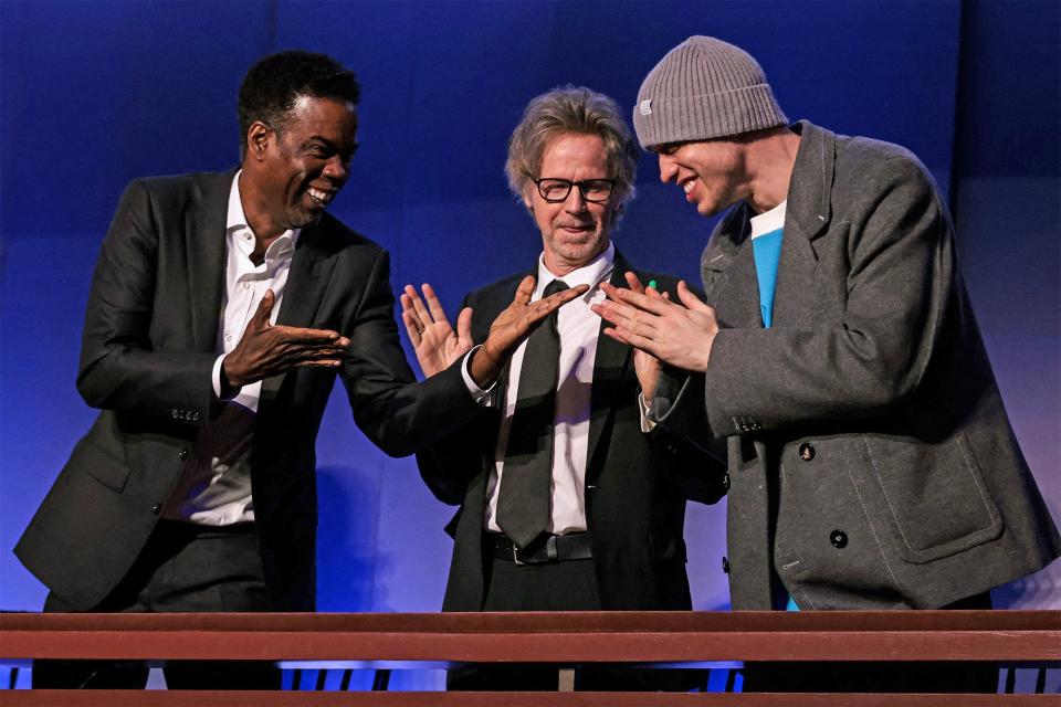 US comedians Chris Rock (L), Dana Carvey (C) and Pete Davidson (R) attend the 24th Annual Mark Twain Prize For American Humor at the John F. Kennedy Center for the Performing Arts in Washington, DC, on March 19, 2023. - This year's award is honoring US actor and comedian Adam Sandler. (Photo by Oliver Contreras / AFP) (Photo by OLIVER CONTRERAS/AFP via Getty Images)