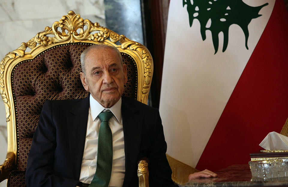 FILE - In this March 31, 2019, file photo Nabih Berri, speaker of the Lebanese parliament, meets with Deputy Speaker of the Iraqi Parliament Hassan Karim, in Baghdad, Iraq. The economic component of the Trump administration's long-awaited Mideast peace plan drew chilly responses from regional allies Sunday, June 23, two days before it was to be discussed at a conference in the Gulf. Berri said Sunday that the country will not be "tempted" by money into what he said amounts to giving up Palestinian rights. (AP Photo/Hadi Mizban, File)