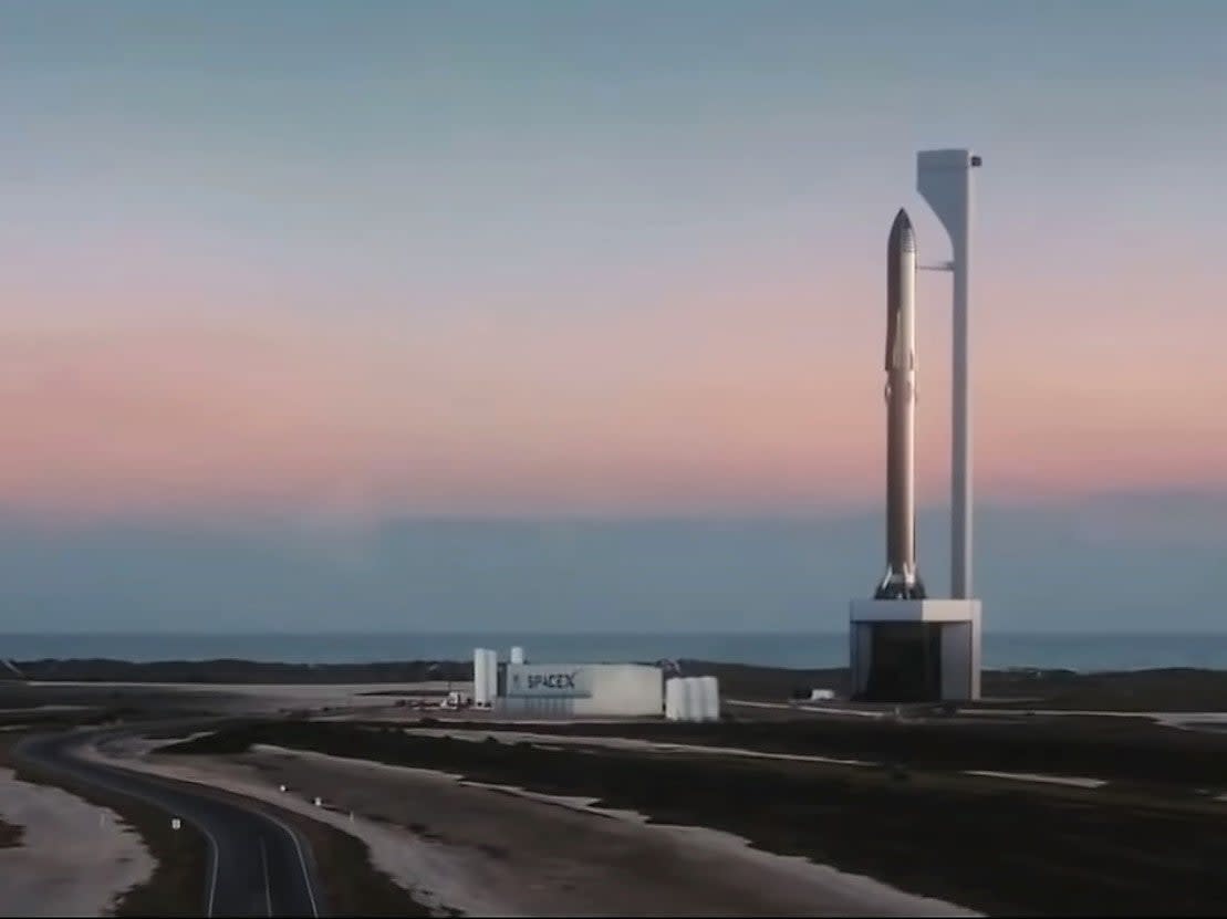 A mock-up of how a Starship launch tower might look on the Texas coast (SpaceX)
