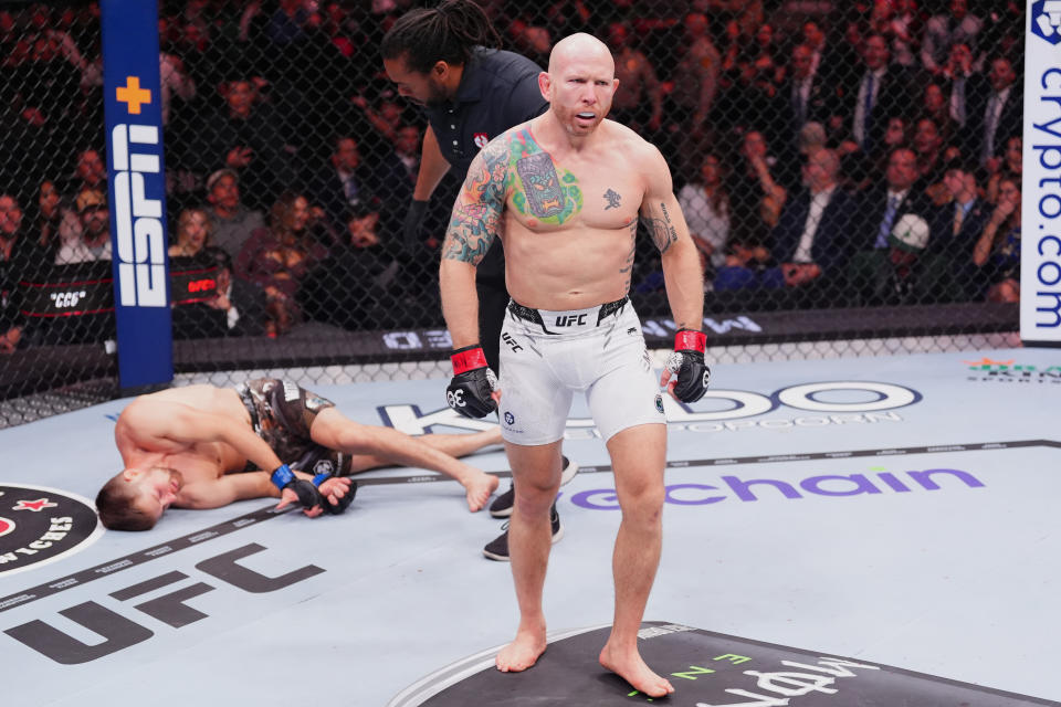 LAS VEGAS, NEVADA - DECEMBER 16: Josh Emmett reacts to his win over Bryce Mitchell in a featherweight fight during the UFC 296 event at T-Mobile Arena on December 16, 2023 in Las Vegas, Nevada. (Photo by Jeff Bottari/Zuffa LLC via Getty Images)